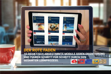 Tablet mit Modulen – Der rote Faden führt durch zehn didaktisch abgestimmte Module des MASTER HOCHSEESCHEIN KURS™ für strukturiertes Lernen.