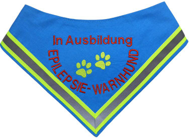 Hundehalstuch bestickt mit in Ausbildung, Epilepsie-Warnhund und 2 Pfoten in der Mitte. Reflektorband in neongelb
