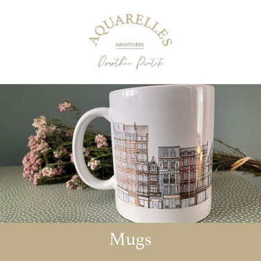 Mug, rue du gros horloge,  mug personnalisé, rouen, colombage, normandie, produit dérivé, aquarelle miniature, aquarelle, gros-horloge