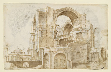 Marten van Heemskerck, Baustelle von Neu-St. Peter, Teil aus Römisches Skizzenbuch, Inv. Nr. 79 D 2 fol. 13 r, 16. Jh., © bpk / Kupferstichkabinett SMB / Dietmar Kartz