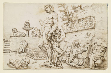 Marten van Heemskerck, Unterer Statuenhof der Casa Galli, Teil aus Römisches Skizzenbuch, Inv. Nr. 79 D 2 fol. 72 r, 16. Jh., © bpk / Kupferstichkabinett SMB / Dietmar Katz