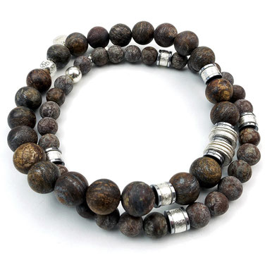Männerarmband aus Bronzit, Achaten, Hämatitscheiben und Rondelle aus Silber 925, Männerarmbandsetr braun, maskulines Männerarmbandset braun mit Silber 925