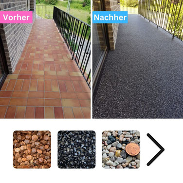 Steinteppich Boden außen Terrasse vorher nachher