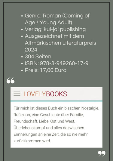 Produktangaben und eine lobende Rezension zu Malina Buras Roman. 