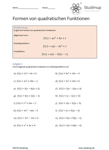 Arbeitsblatt zum Umformen von quadratischen Funktionen