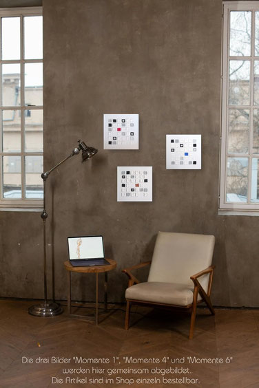 Minimalistische, abstrakte Malerei mit quadratischen  Büttenpapier-Elementen in Collagetechnik in Weiß, Grau, Silber, Schwarz, Rot bzw. Blau oder Kupfer.