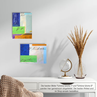 Abstrakte Malerei in Blau- und Grüntönen  mit Spachtelstrukturen und Schriftzügen im Vintagestyle.