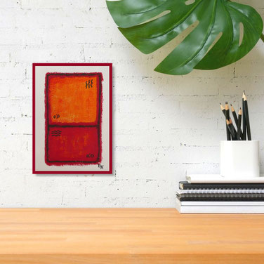 Minimalistische, abstrakte Farbfeldmalerei auf Büttenkarton in warmen Rot- und Orangetönen mit schwarzen Akzenten.