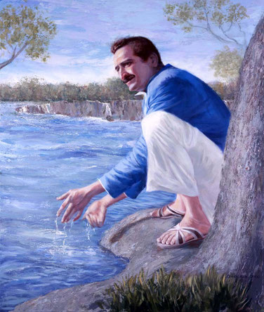 Meher Baba at the Narmada River Marble Rocks, Jabulpur December 25, 1938 ; Artist - Charlie Mills - Courtesy of Sam Ervin and Margaret Magnus