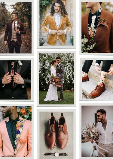 Images de costumes différents : fleuris, de couleur, dépareillé... pour illustrer l'article de blog mariage "Costumes et accessoires : comment twister un look de marié classique", par My Daydream Wedding, wedding planner et designer sur Paris, Lille