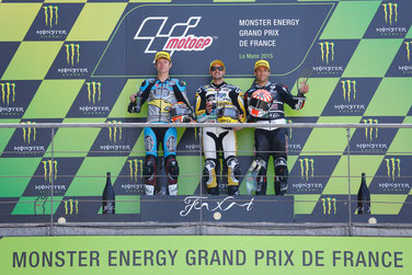 Das Moto2 Podium in Le Mans: Tito Rabat, Tom Lüthi und Johann Zarco
