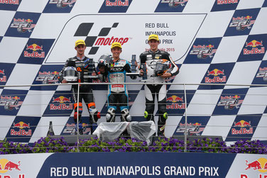 Das Podium der Moto3 in Indianapolis: John McPhee, Livio Loi, Philipp Oettl
