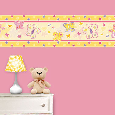Vlies Bordüre für Mädchen: viele bunte Schmetterlinge mit Blümchen u. Punkte, gelb, rosa, lila - Originalmotive mit Pastellkreide handgemalt