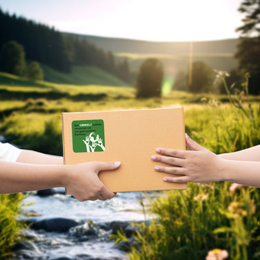 meinAufkleberladen - Verpackungsaufkleber klebt auf einem Paket welches einer Person gereicht wird, im Hintergrund grüne Natur mit einem Bach