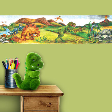 Vlies Bordüre für Dinofans: Urzeitlandschaft mit vielen verschiedenen Dinos und Vulkanen, Originalmotive liebevoll mit Holzbuntstiften gemalt