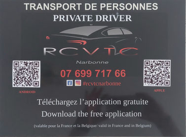 photo de la carte de visite de RC VTC Narbonne. Sur fond noir et avec logo de voiture, on y distingue deux QR CODE pour télécharger l'application de résevation un pour Apple l'autre pour Android. Il y a aussi le numéro de téléphone du chauffeur.
