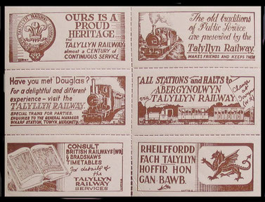 A 1956 publicity sheet of six in brown, issued to Talyllyn Railway Society members.