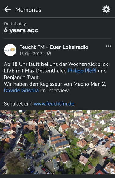 Quelle/Screenshot: Feucht FM - Euer Lokalradio (15. Oktober 2017). Angezeigte Erinnerung auf Facebook.