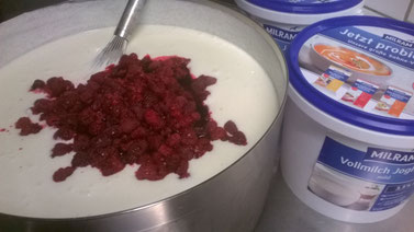 Vollmilch Joghurt mit Himbeeren. ohne Verdickungsmittel, Farbstoffe oder künstliche oder natürliche Aromastoffe die den Himbeergeschmack simulieren wollen.