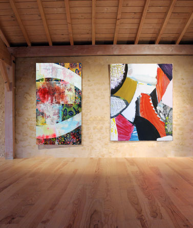 Quand de subtils tissus colorés intègrent les toiles de l'artiste Laurent Valera en dialogue avec la matière et les enduits énergiques de Thierry Riffis