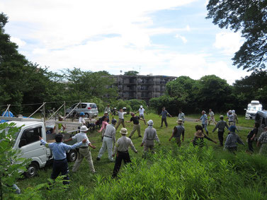 現地での作業前の準備体操風景