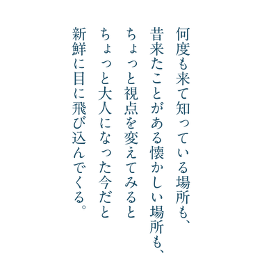 何度もきて知っている場所も、昔来たことがある懐かしい場所も、ちょっと視点を変えてみるとちょっとおとなになった今だと新鮮に目に飛び込んでくる。