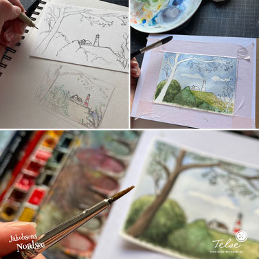 3 Schritte zur Illustration: Skizze, Outline, Watercolor, Illustration "Aussicht mit Leuchtturm"