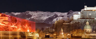 Panoramic view of Salzburg at full moon, with the snow-covered mountains in the background, STROB Galerie Salzburg