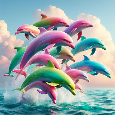 KI-generiertes fotorealistisches Bild einer Gruppe bunter Delfine, die durch die Luft springen, darunter türkisfarbenes Meer. 