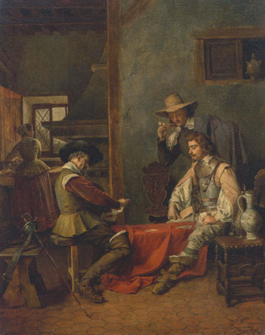 Ignacio León y Escosura.Partida de cartas,1875. Interior con figuras de mosqueteros,tuvo influencia de la pintura holandesa del S.XVII.Realismo y naturalidad,gran definición espacial, minucioso estudio lumínico.