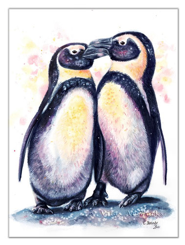  verliebte Pinguine gemalt mit Aquarell - emotionales Originalkunstwerk 