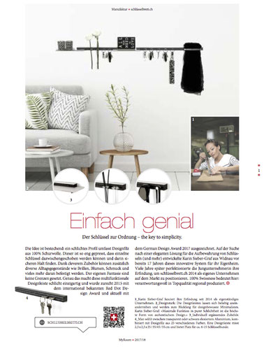 My Room Magazin, Medienbericht schlüsselbrett, Alu Designleiste, Design Award, genial einfach, multifunktional, Ordnungswunder, Designfilz, Garderobe, Küche, Bad 