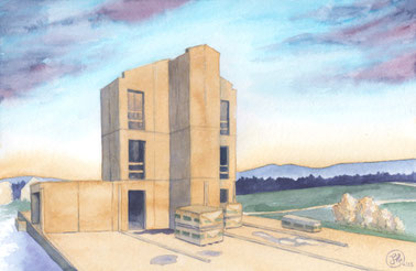 Aquarellbild "Treppenhaus in Beton": Treppenhaus mit Aussparungen der späteren Türen vor blauem Himmel mit lila Wolken