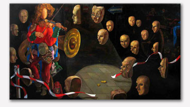 "The Traveling Minstrel" is a 100×180 cm oil painting on canvas by Kaikaoss. The scene depicts a minstrel traveling at night, surrounded by masked, faceless spectators. With its mysterious and surreal atmosphere, this work explores themes of journey, perf