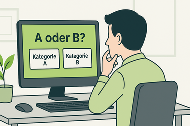 Person am Computer mit der Frage, ob VDI 6022 Kategorie A oder B gewählt werden soll