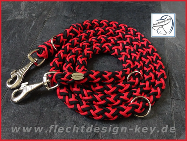 Dicke Paracord Hundeleine 3fach verstellbar, schwarz, rot, 16fach rund geflochten