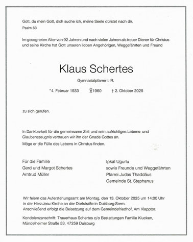 Trauerkarte Pfarrer Klaus Schertes
