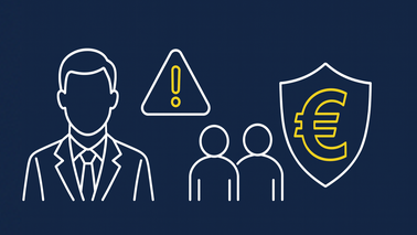 Illustration zur arbeitsrechtlichen Haftung des Geschäftsführers mit Symbolen für Verantwortung, Warnhinweis, Mitarbeitende und finanzielle Risiken im Corporate Design von DEMUTH Arbeitsrecht.