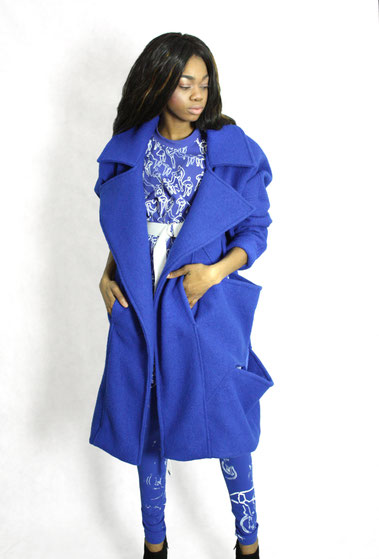 model wearing the new royal blue coat