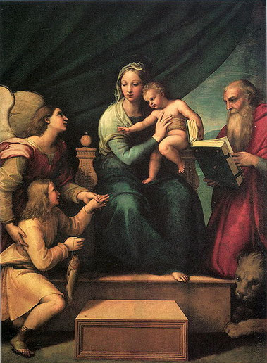 Raphaël - La Vierge au poisson (1515)- Tobie offre le poisson à la Vierge en présence de Saint Jérôme et son lion (Madrid - Musée du Prado)