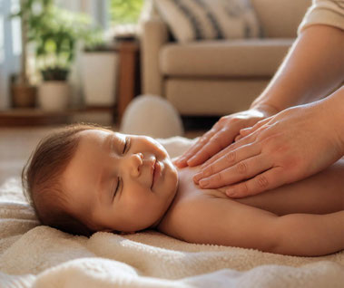Ein Baby, das die Augen geschlossen hat und entzückt lächelt, während es liebevoll am Oberkörper von vertrauten Händen berührt wird, symbolisch für heilsames Rebonding der achtsamen Schmetterlingsmassage Bindung durch Berührung - mein schützling
