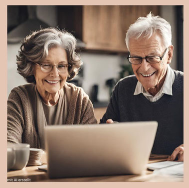 Ein älteres Paar sitzt in der heimischen Küche vor einem aufgeklappten Laptop. Bei einer Tasse Kaffee erledigen sie ihre Anliegen in der digitalen Welt. Martina Reichl unterstützt Sie, souverän mit Laptop und Smartphone umzugehen. Machen Sie digital mit!