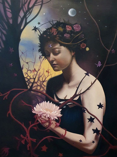 Frau in Morgendämmerung mit Lotusblüte - Symbolisches Ölgemälde für Naturverbundenheit von Pia Staudacher