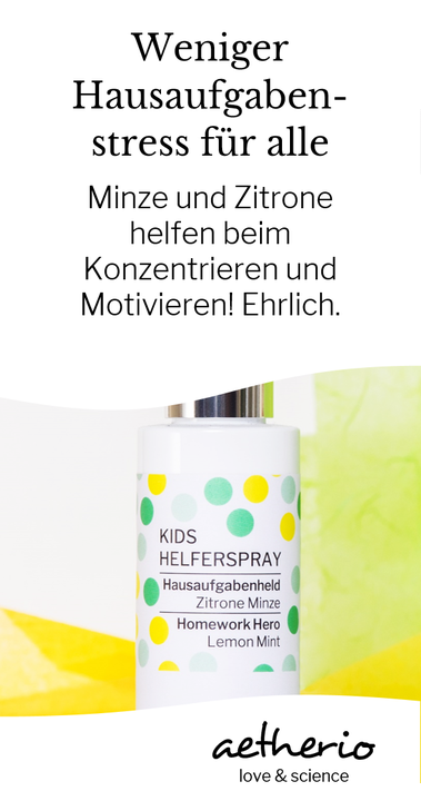 Schulkinder werden zu Hausaufgabenhelden mit der konzentrationsfördernden Wirkung von Zitrone und Minze. Entspanntere #Hausaufgaben zum Sprühen, mit love & science von aetherio.de #schulkind #schulstart #einschulung #lernen #motivation #aetherio #prüfung 