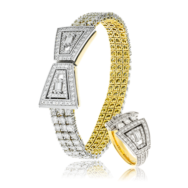 Art Deco Armband mit passendem Ring in Weiss-und Gelbgold mit Diamanten, angefertigt auf Kundenwunsch von Goldschmiede OBSESSION Zürich und Wetzikon