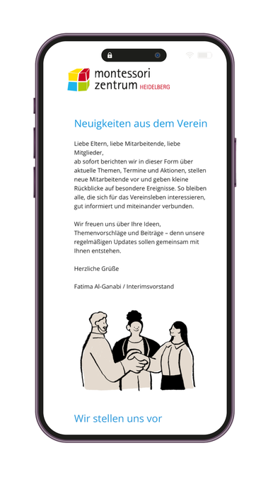 Mockup eines Smartphone-Newsletters des Montessori Zentrums Heidelberg – Beispiel für Kommunikations- und Medienarbeit zur Sichtbarkeit des neuen Standorts