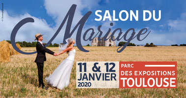 image décrivant un couple de mariés dans un champs avec au fond un chateau pour annoncer le salon du mariage auquel Créations Laurie Elma participe les 11 et 12 janvier 2020 au parc des expositions de Toulouse stand 53B