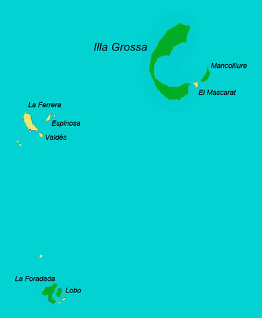Islas Columbretes. En verde, islas con presencia de lagartijas. © V. Sancho 2010