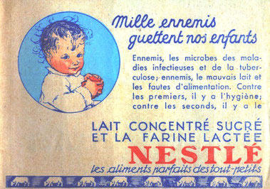 Publicité pour le lait concentré sucré et la farine lactée Nestlé pour éviter la tuberculose