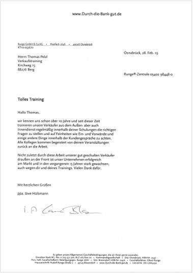 Referenz Runge aufgrund Verkaufstrainings und Vertriebsschulungen sowie dem Verkäufer-Camp